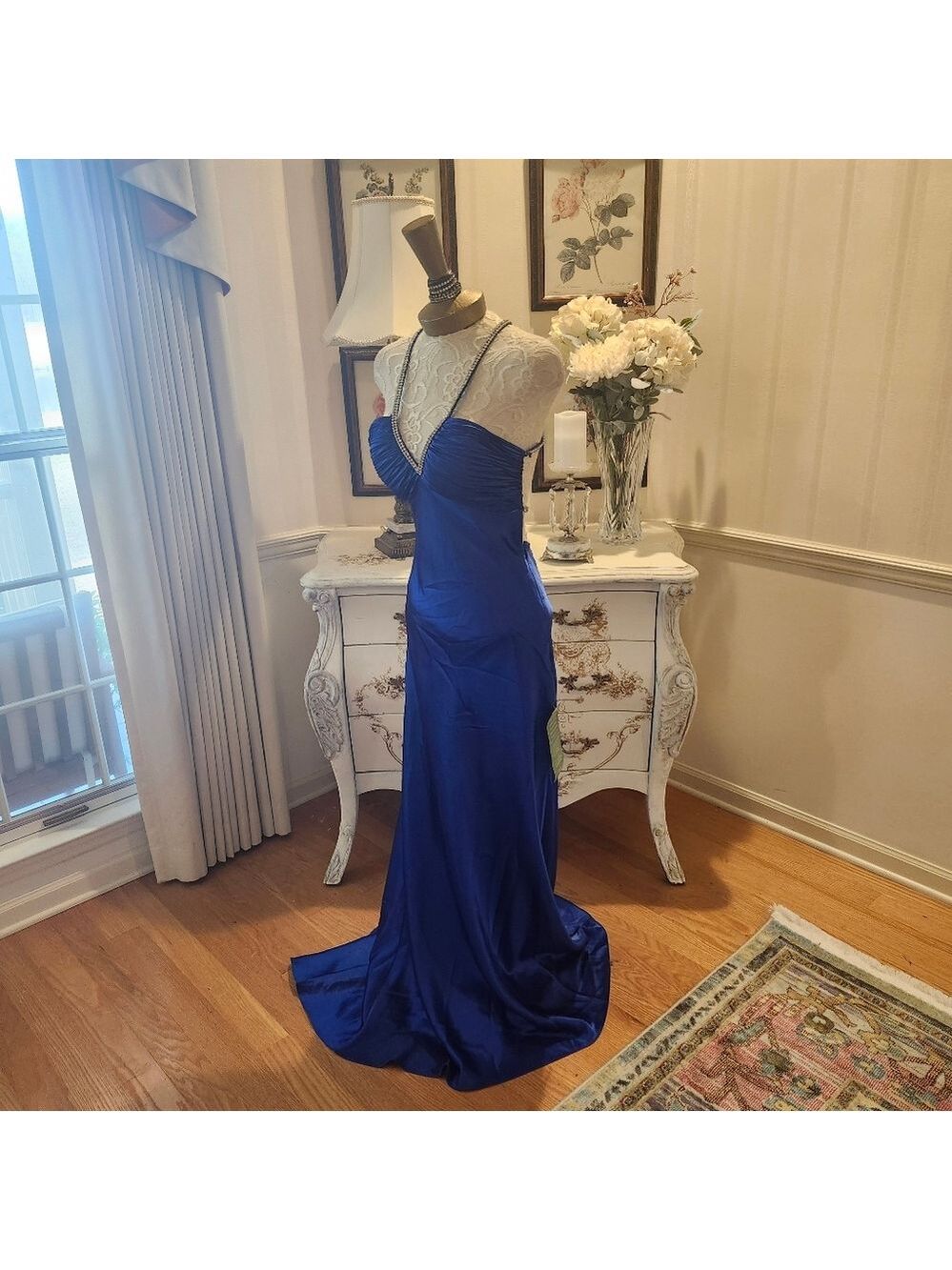 Morgan & Co Peacock Blue Glamour Beaded Halter Dress Gown Size 7/8